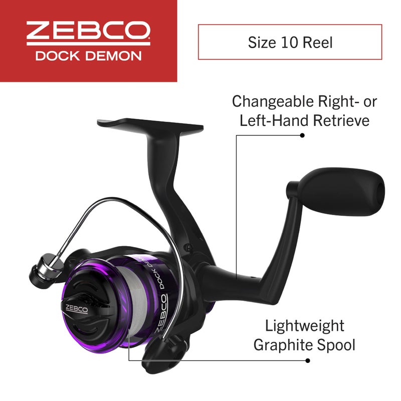 Zebco Dock Demon Spinning Reel and Fishing Rod Combo, 30-inch 1-Piece Fiberglass Fishing Pole, EVA Rod Handle, Size 10 Reel, Powertrain Drag, Pre-Spooled with 6-Pound Zebco Line, Purple - Image 3